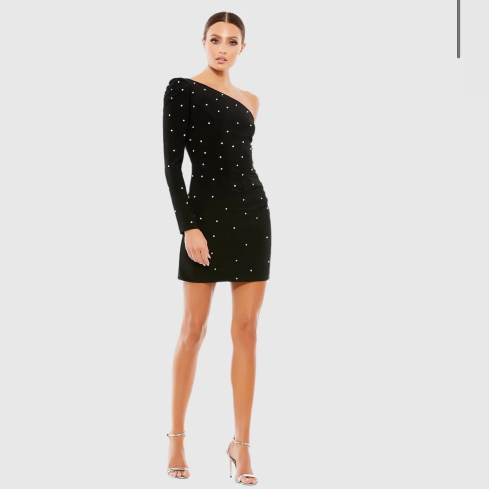 MacDuggal Rhinestone Encrusted One Shoulder Long Sleeve Mini Dress